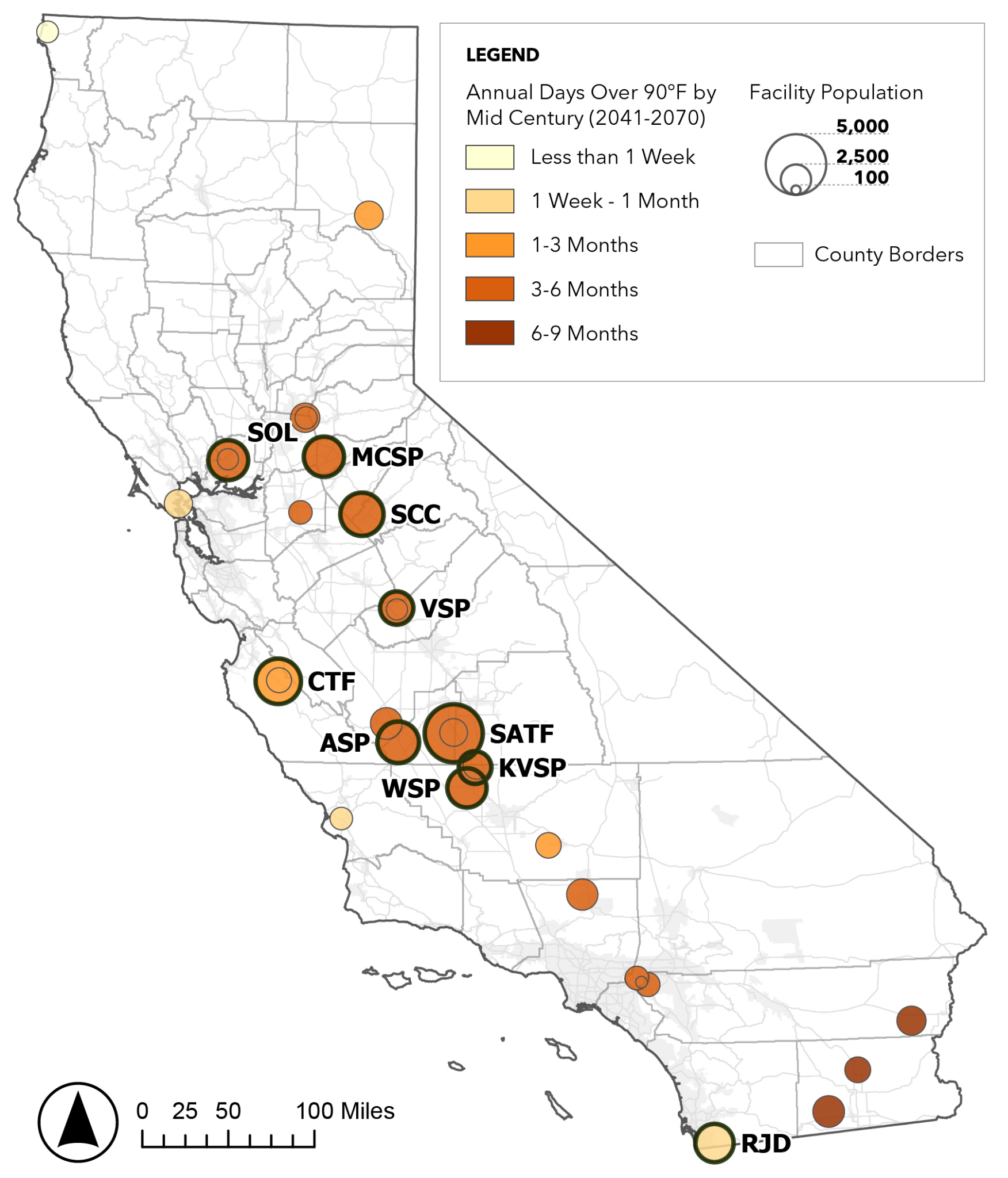 Map of California showing projected heat days over 90°F by mid-century, with the ten most populous CDCR facilities highlighted; exposure concentrates in the Central Valley and inland deserts.