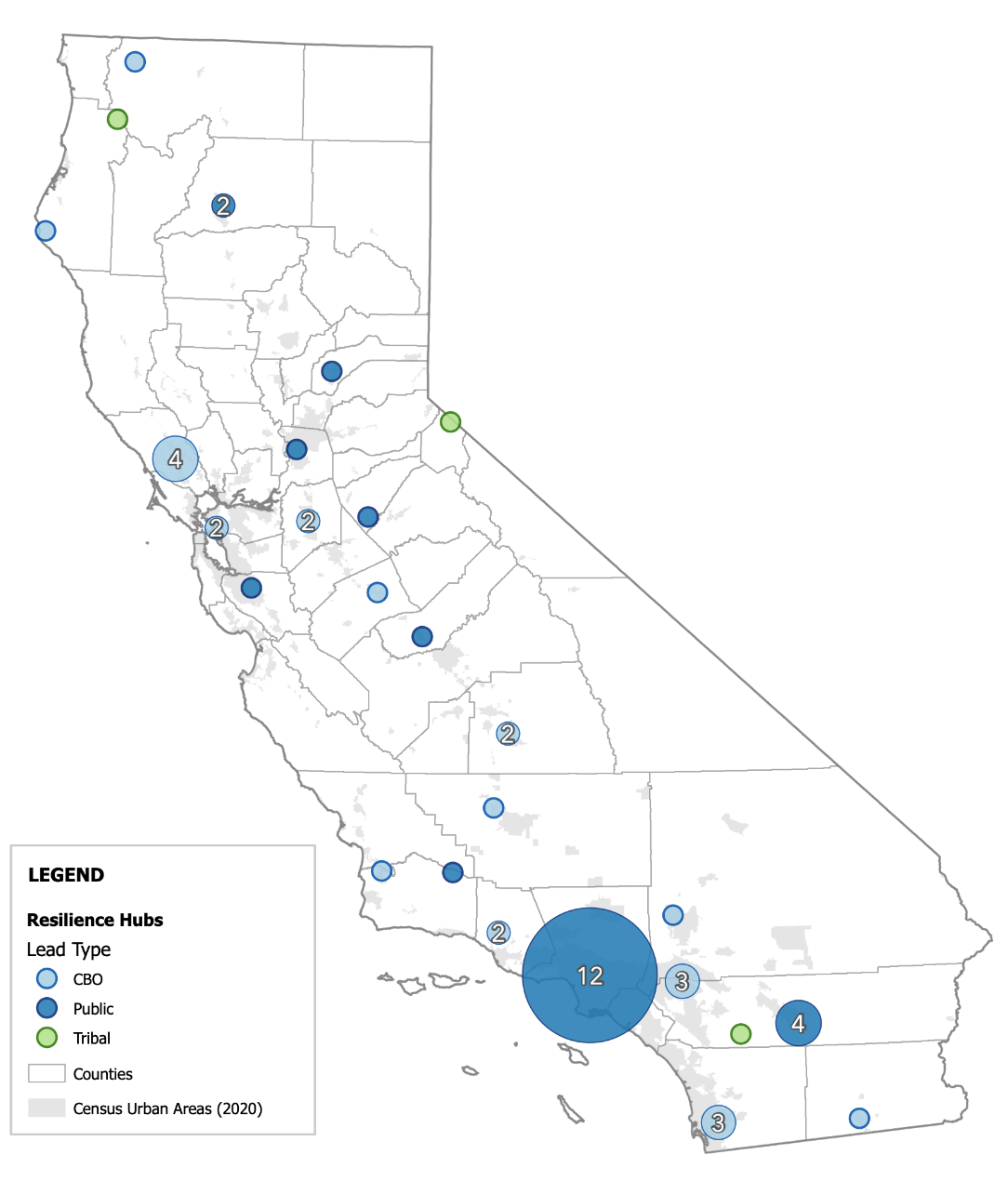 Map of California showing approximately 54 resilience hubs funded by four state grant programs between 2015 and 2025, dispersed throughout the state.