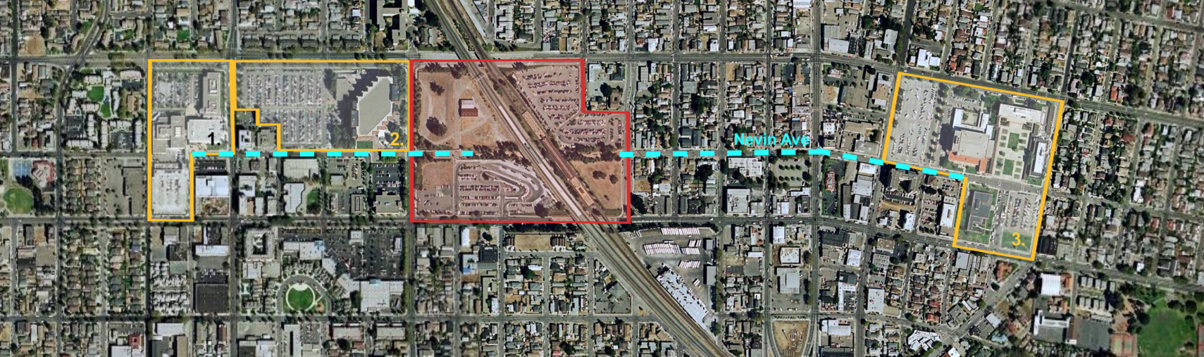 Aerial map of Richmond Station outlined in red, with its largest employment neighbors highlighted in yellow.