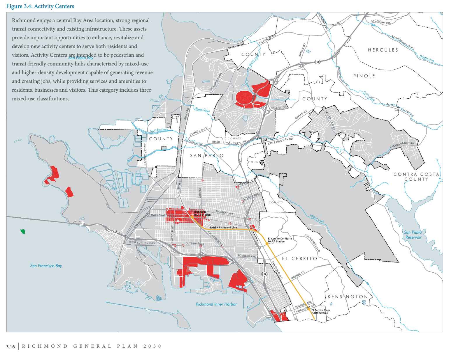 Map of the downtown Activity Center defined in the 2012 Richmond General Plan 2030.