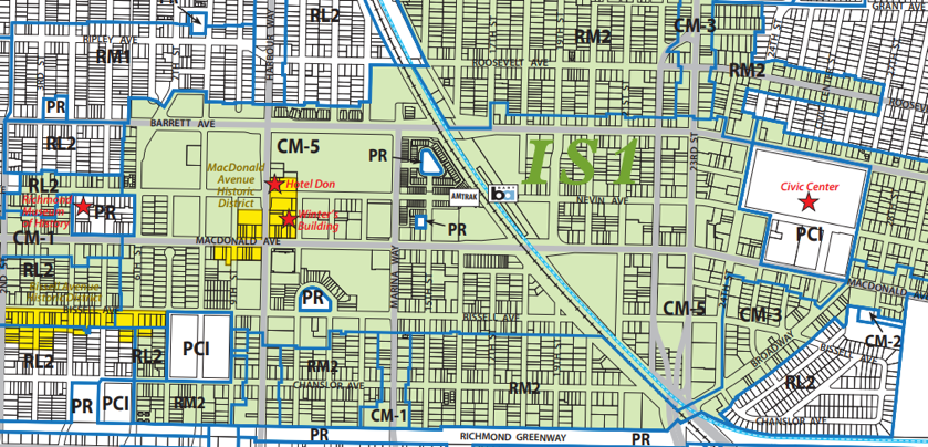 Map of the revised zoning categories for the BART Neighborhood, with an Interim Study Overlay and historic buildings highlighted.
